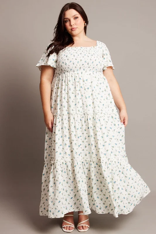 Midnight Madness Blue Ditsy Maxi Dress Short Sleeve Shirred