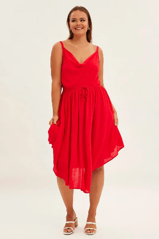 Final Markdown Red Party Dress Strappy V Hem Crinkle Dobby Viscose