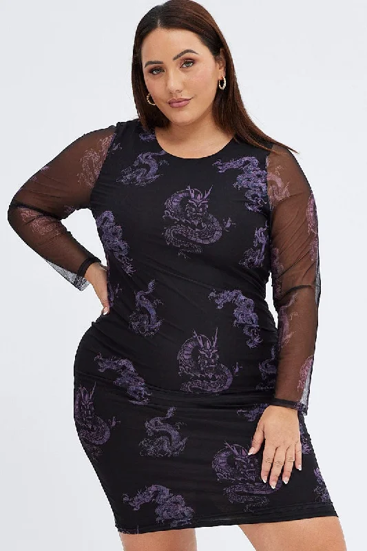 Special Discount Black Print Mesh Dress Bodycon Dragon Knee Length