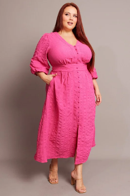 Discount Mania Pink Midi Dress Short Sleeve Textured