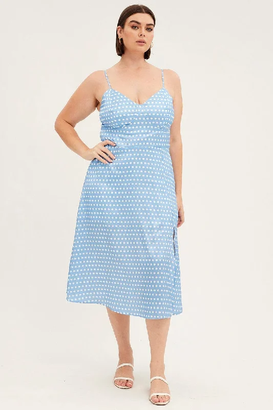 Lowest Prices Blue Polka Dot Midi Dress Strappy Front Split Satin