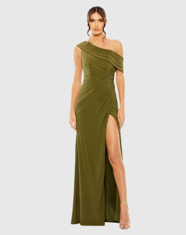 Bonus Savings Green Foldover Off-the-Shoulder Slit Gown