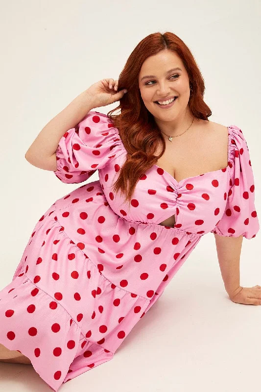 Final Markdown Pink Polka Dot Mini Dress Puff Sleeve Gather Front Peephole