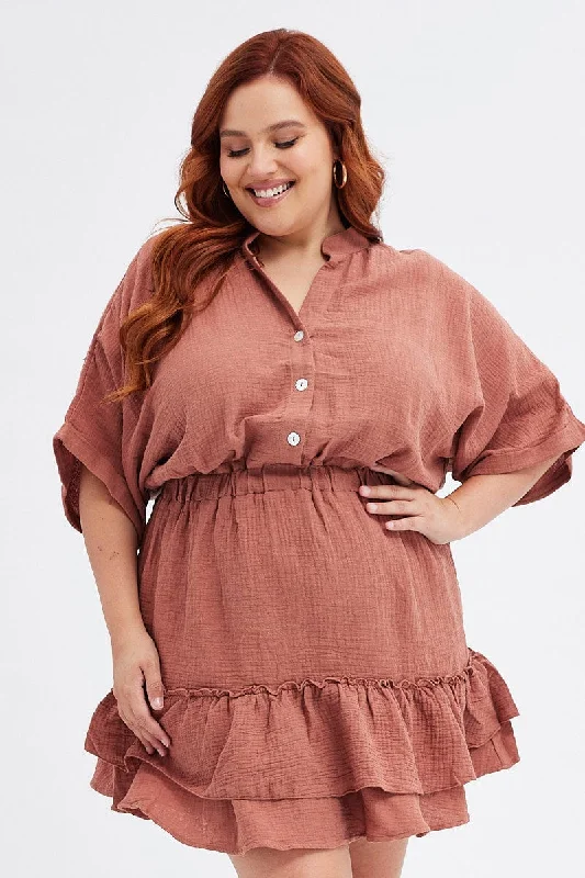 Super Savings Brown Mini Dress Button Front Cotton Crush