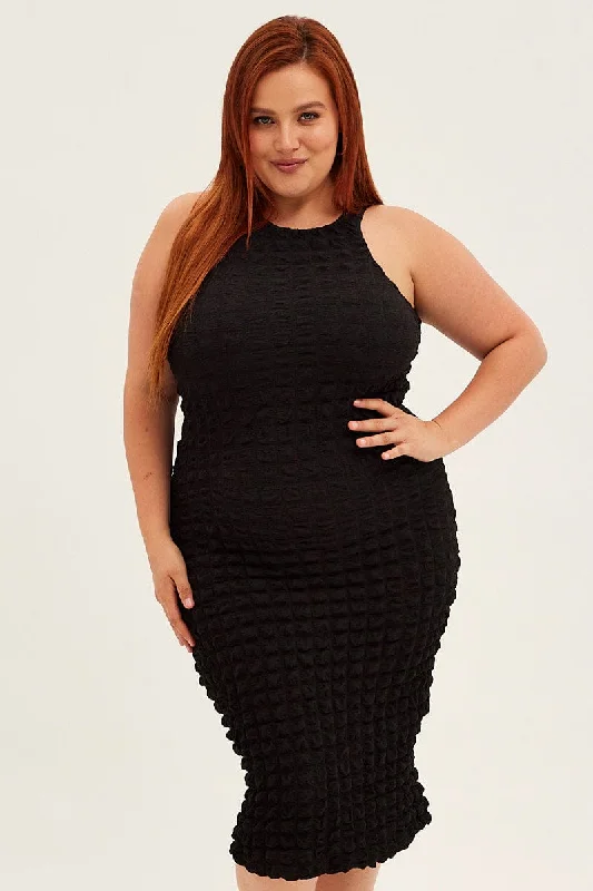 Flash Sale Black Knee Dress Stretch Bubble Texture