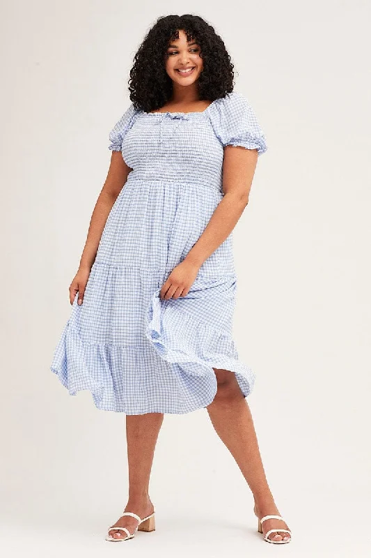 Special Offer Check Short Sleeve Tiered Midi Dress