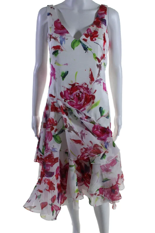 Clearance Items Theia Womens Back Zip Sleeveless V Neck Printed Tiered Dress White Multi