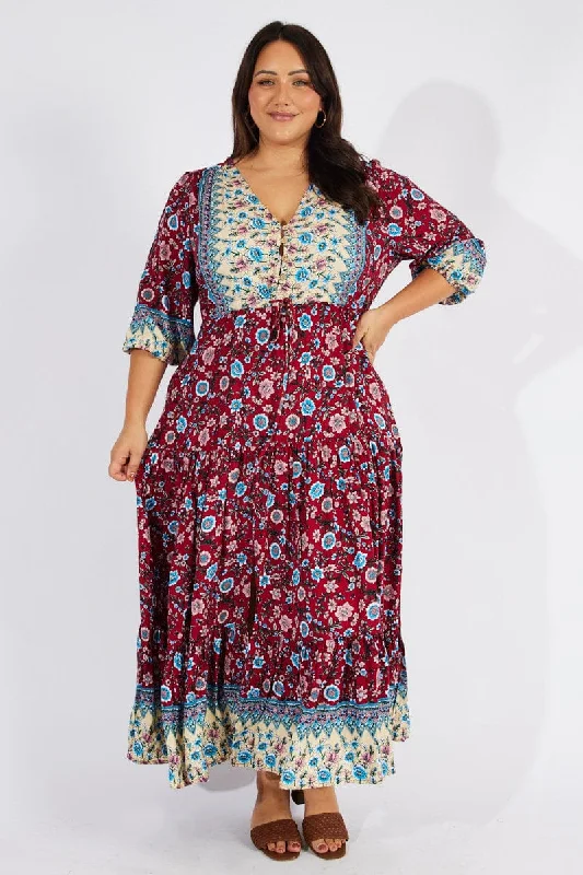 Loyalty Reward Multi Boho Maxidress Puff 3/4 Sleeve Drawstring Waist