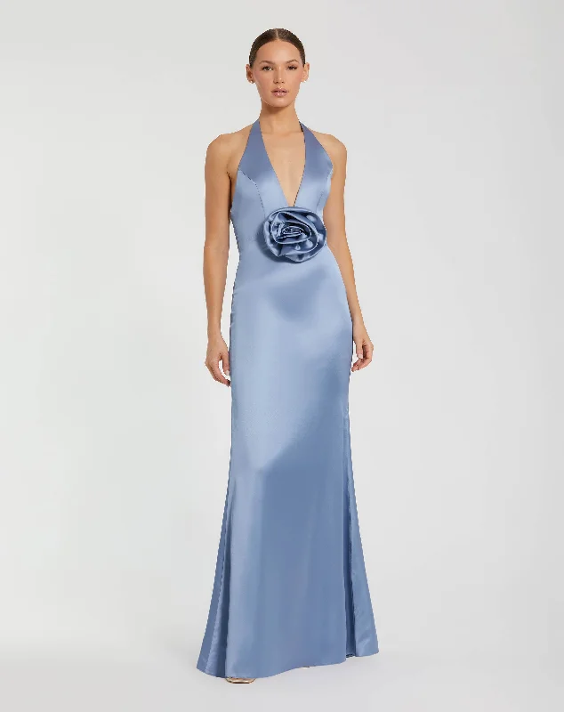 Get It Before It’s Gone Blue Fitted Satin Sleeveless V Neck Gown With 3D Flower