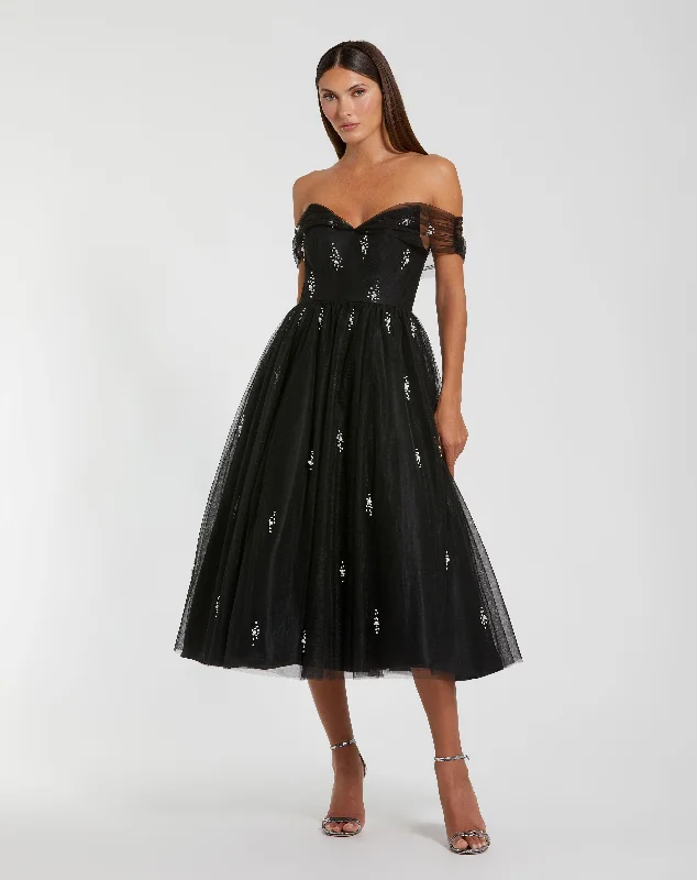 Price Rollback Off The Shoulder Embellished Tulle Cocktail Dress
