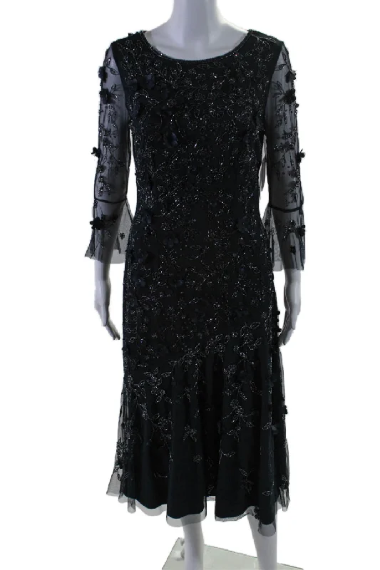 Special Savings Theia Womens Navy Floral Detail Beaded Crew Neck Long Sleeve Shift Dress