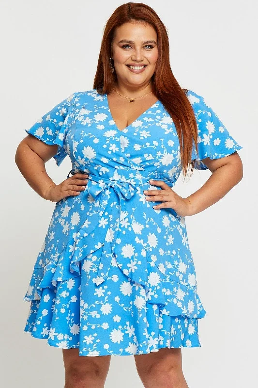 Exclusive Preview Floral Print Skater Dress V-neck Short Sleeve Ruffle