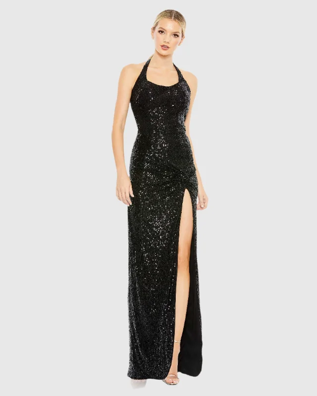 Reduced Prices Black Sequined Halter Strap Low Side Knot Gown