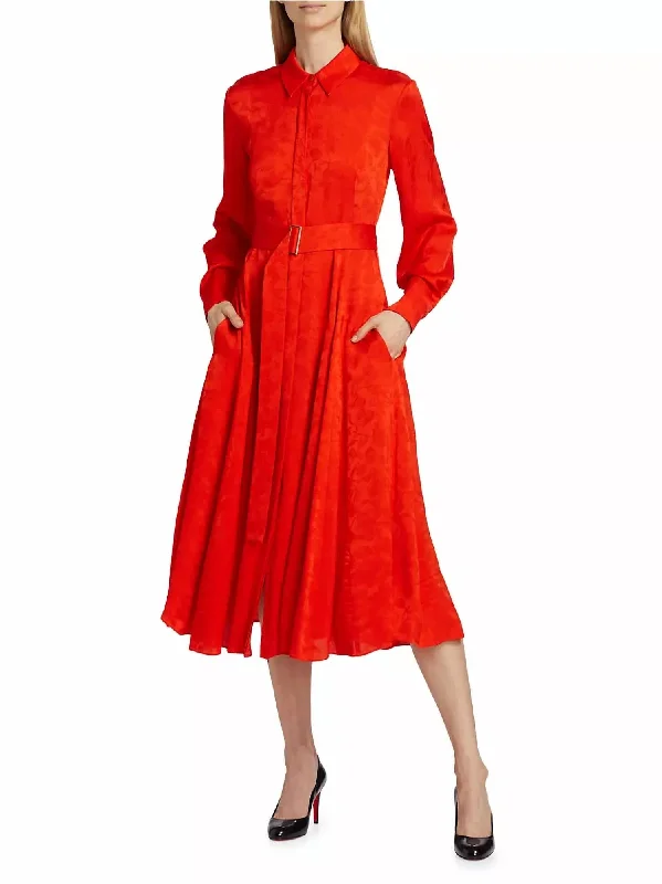 Major Savings Long Sleeve Pleated Shirtdress With Belt In Coral