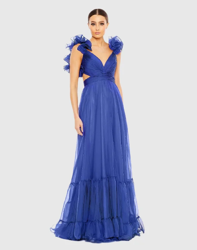 Special Offer Blue Ruffle Tiered Cut-Out Chiffon Gown