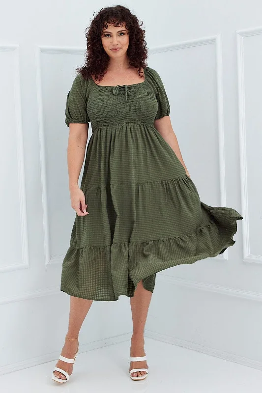 Bargain Prices Khaki Short Sleeve Shirred Midi Dress