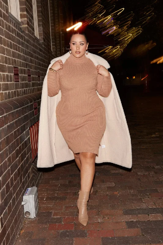 Deal Dash Camel Knit Dress Long Sleeve Midi Round Neck Tie Front
