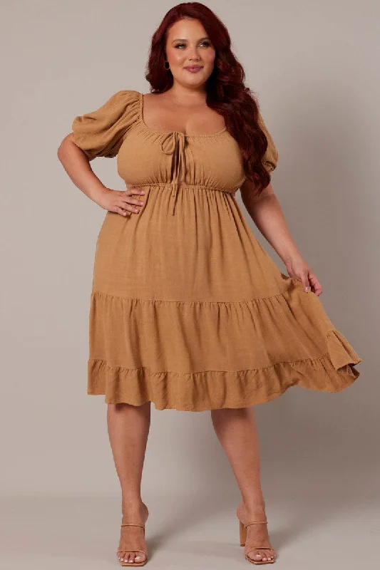 Super Deal Beige Mini Dress Linen Blend Puff Sleeve Sweetheart Neck