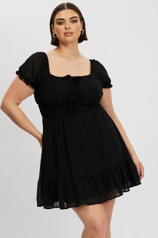 Today’s Deal Black Bow Front Shirred Waist Mini Dress