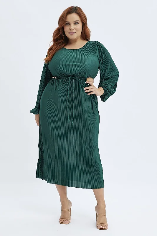 Weekend Deal Green Midi Dress Long Sleeve Cut Out Plisse
