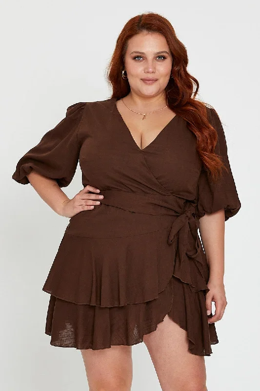 Online Specials Brown Skater Dress V-neck Short Sleeve Tie