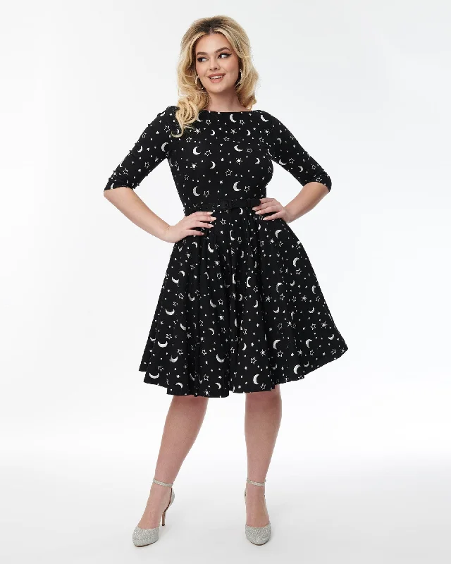 Early Access Unique Vintage Black & Foil Moons & Stars Devon Swing Dress | Black, Stars