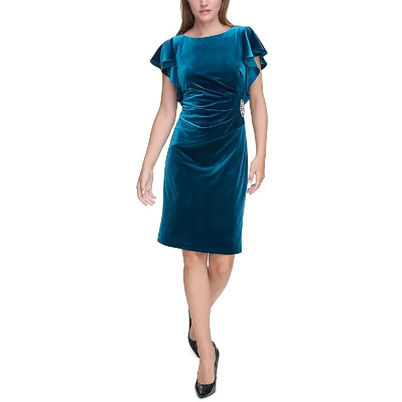 Year-End Sale Petites Womens Velvet Ruffle Sleeve Cocktail And Party Dress