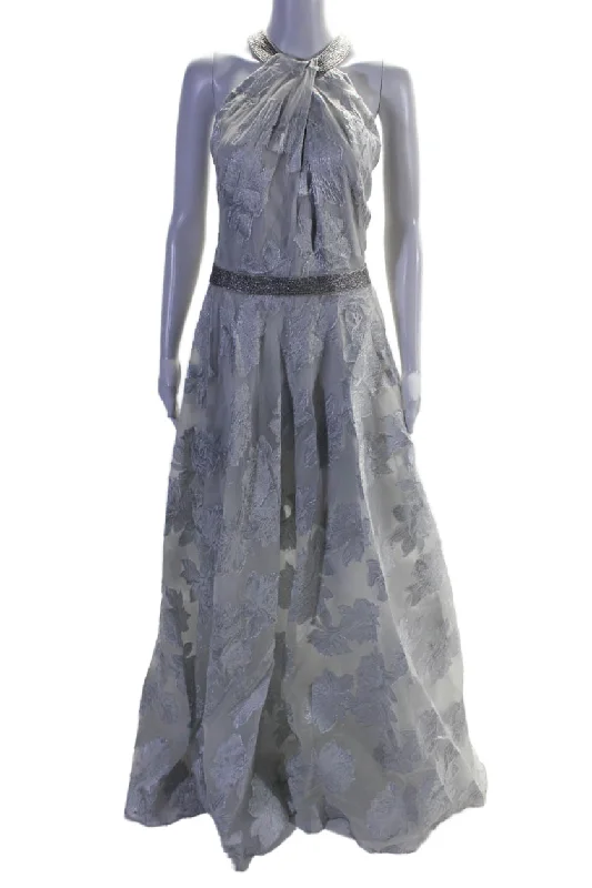 Limited Availability Carmen Marc Valvo Womens Beaded Crew Neck Metallic Floral Gown Silver