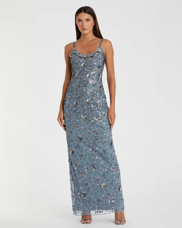Final Markdown Blue Floral Embellished Scoop Neck Evening Gown
