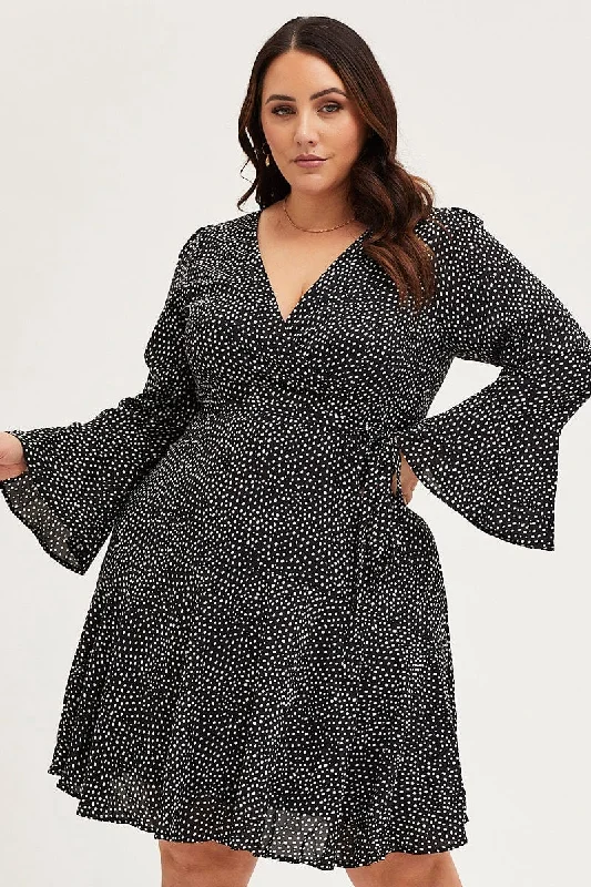 Limited Quantity Geo Print Skater Dress V-neck Long Sleeve