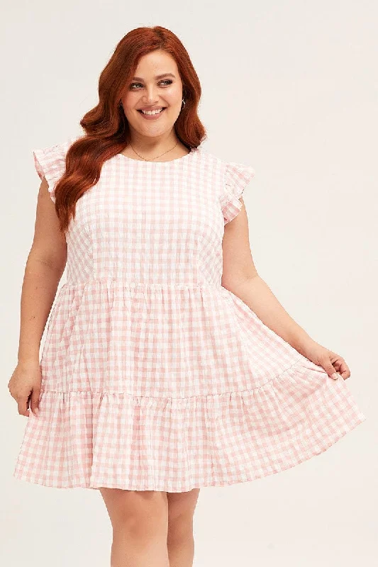 Early Bird Discount Check Short Sleeve Check Mini Smock Dress