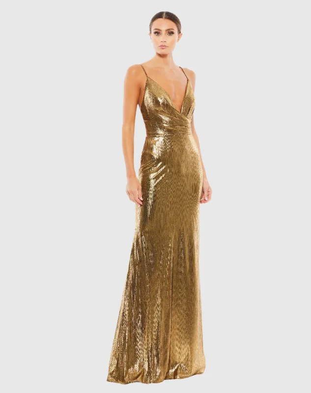 Hurry In Gold Metallic Faux Wrap Spaghetti Strap Gown