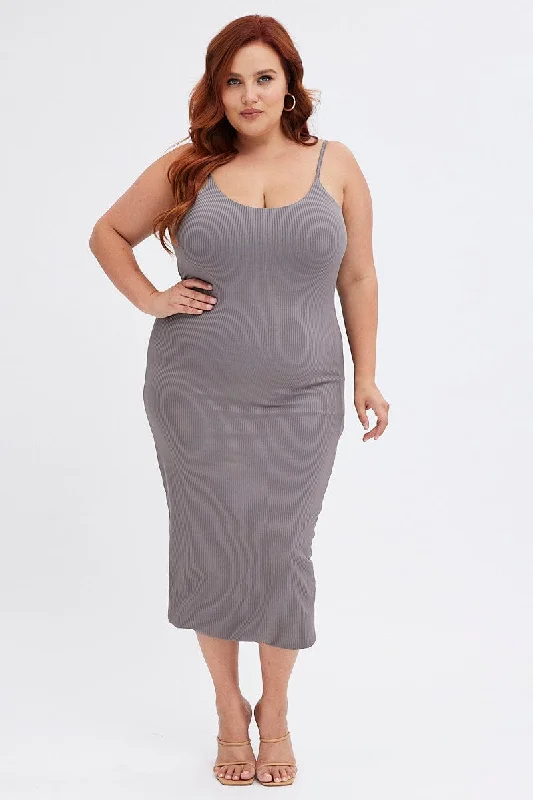 Price Reduction Grey Rib Jersey Midi Dress Tie Waist