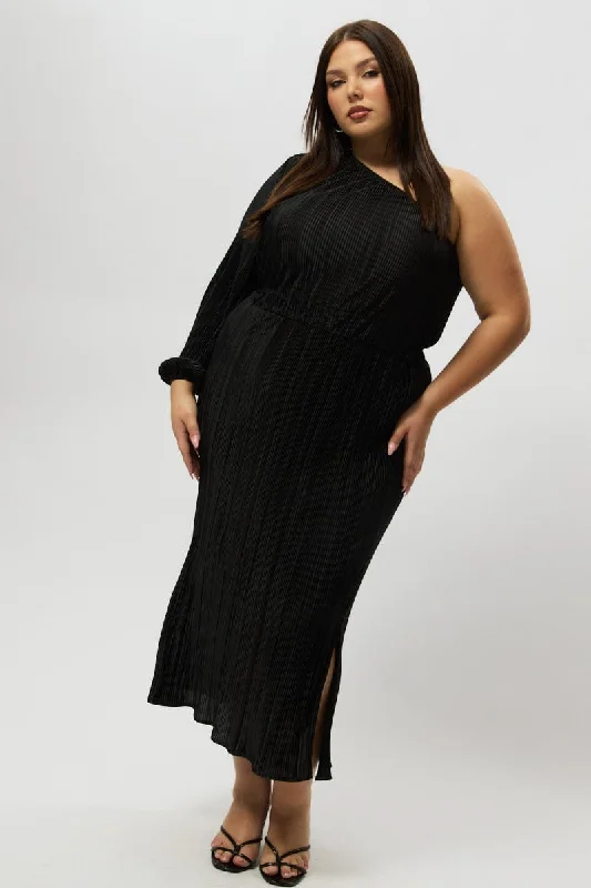 Crazy Deals Black Plisse Pleat One Sleeve Dress