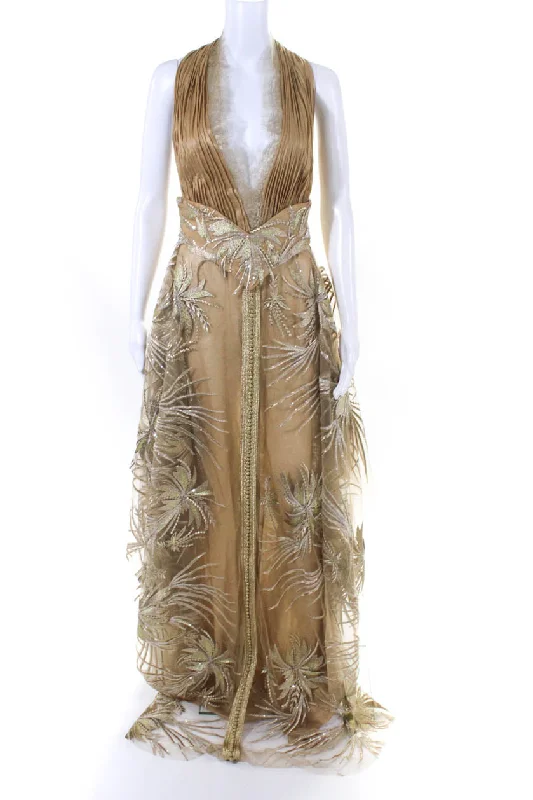 Quick Sale Badgley Mischka Womens Back Zip Lace Trim Shimmer Belted Gown Brown