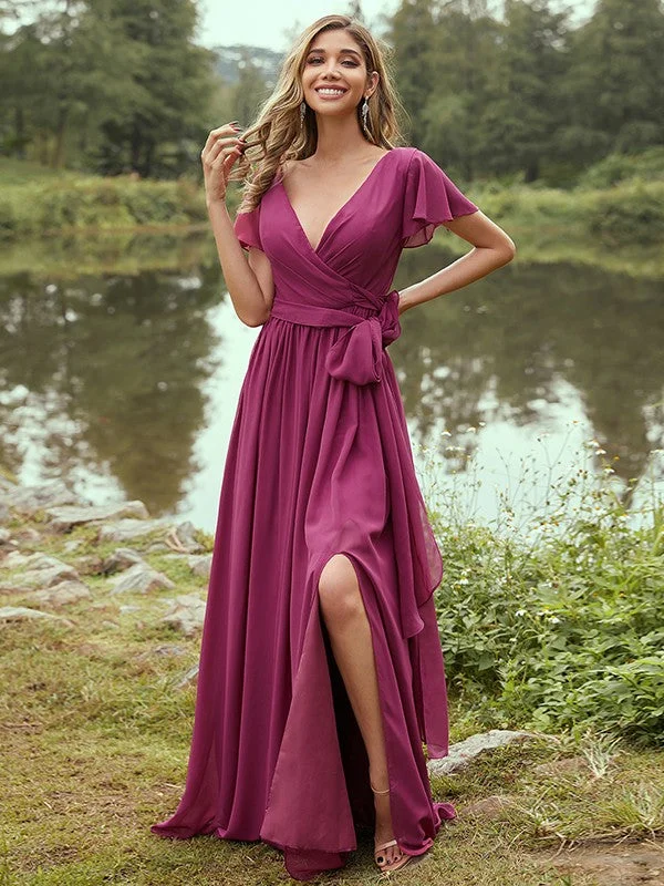 Seasonal Clearance A-Line/Princess Chiffon Ruffles V-neck Short Sleeves Floor-Length Bridesmaid Dresses Seasonal Clearance A-Line/Princess Chiffon Ruffles V-neck Short Sleeves Floor-Length Bridesmaid Dresses