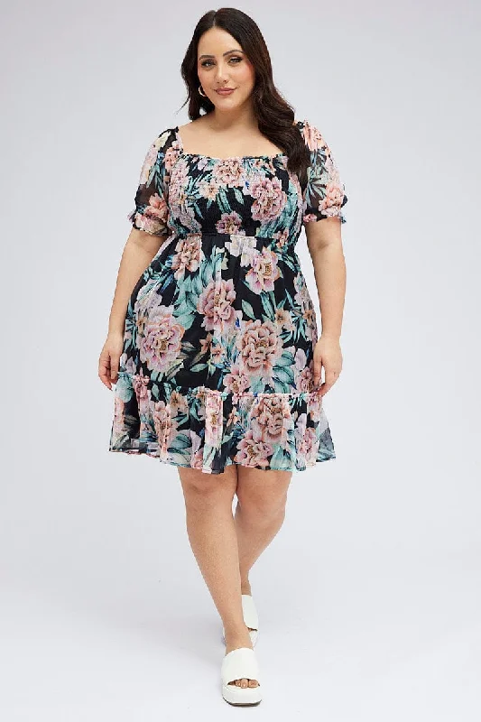 Exclusive Offers Black Shirred Chiffon Knee Dress