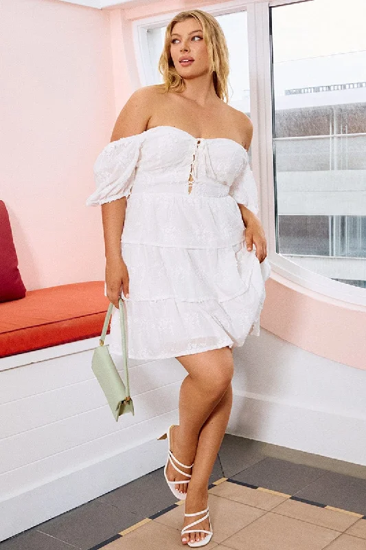 Special Buy White Lace Up Front Embossed Cotton Mini Dress