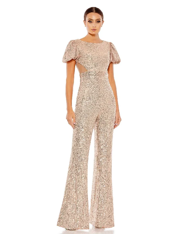 Buy Now Sequined Puff Shoulder Illusion Cut Out Jumpsuit