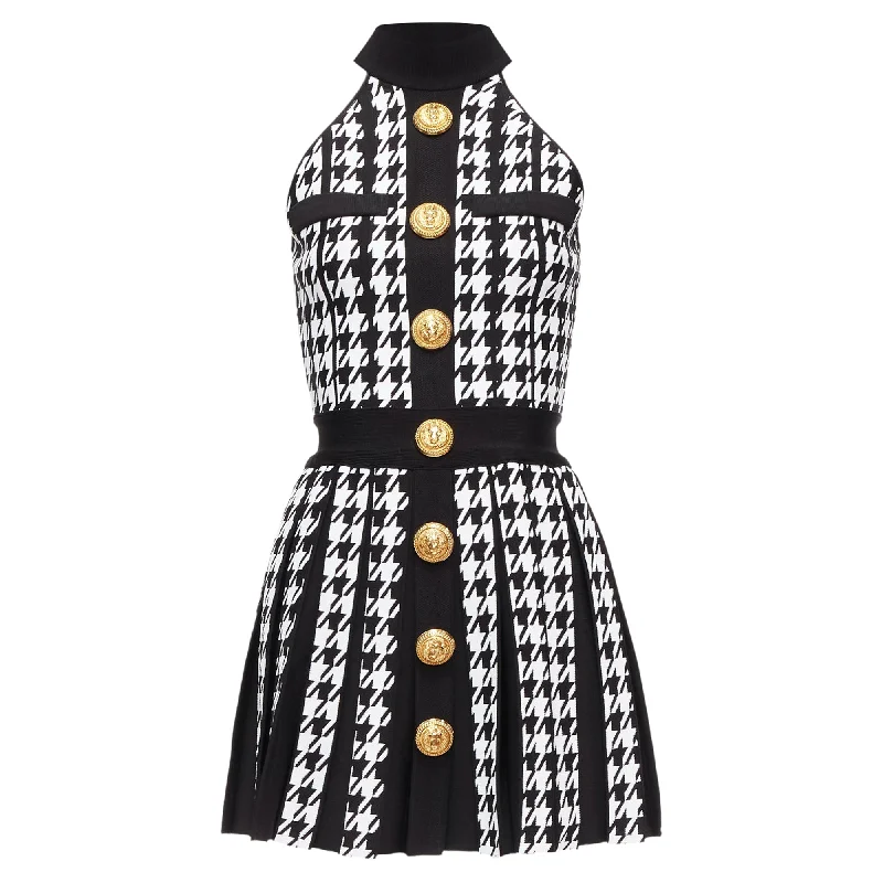 Great Bargains Balmain houndstooth lion button halter mini dress