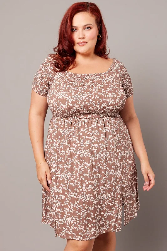 Closeout Brown Ditsy Shirred Bodice And Sleeve Minidress