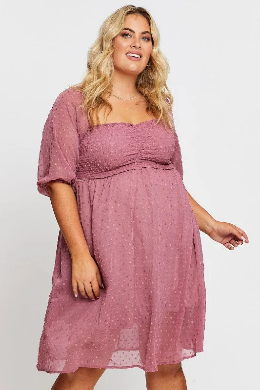 Holiday Sale Pink 3/4 Sleeve Chiffon Flocked Midi Dress