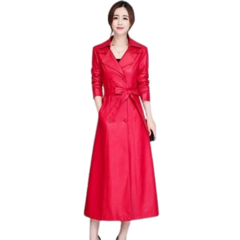 Holiday Sale BELLA Design Women's Fine Fashion Long Luxury Designer Leather Red Blazer Trench Coat Jacket