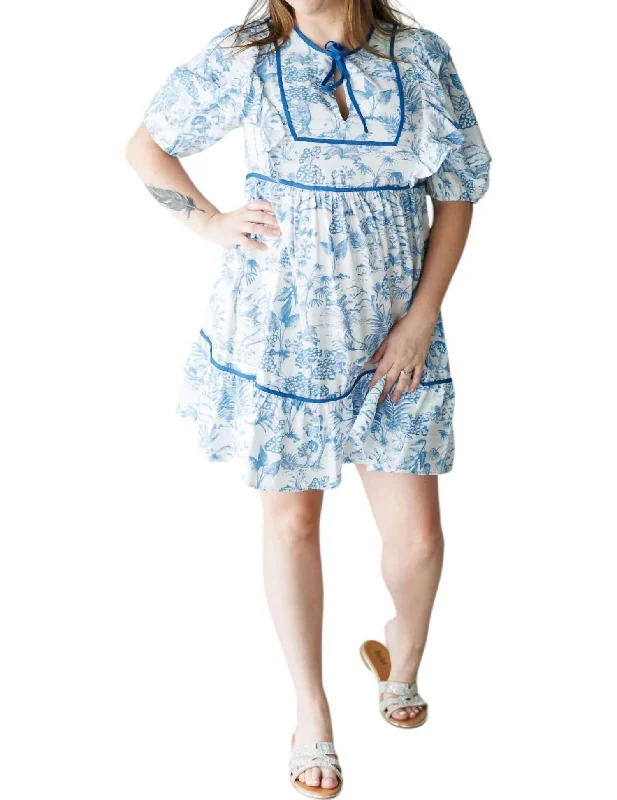 Savings Galore Toile Babydoll Dress In Blue/white