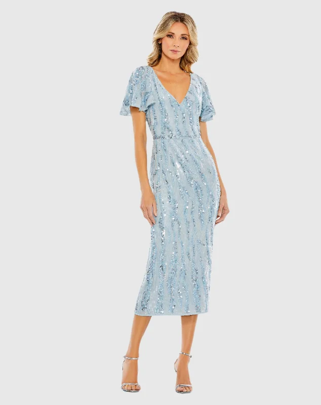 New Deals Blue Sequined V Neck Flutter Sleeve Tea Length Dress