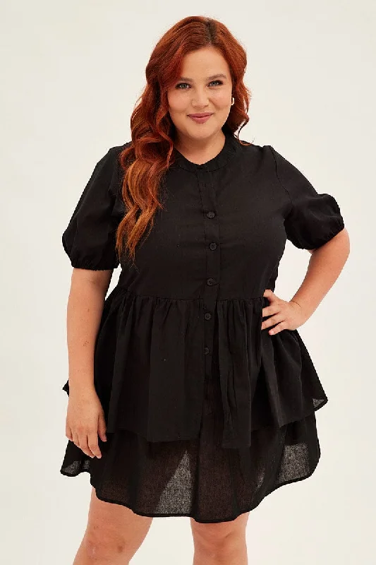 Exclusive Deal Black Mini Shirtdress Frill Layer Cotton Linen Blend