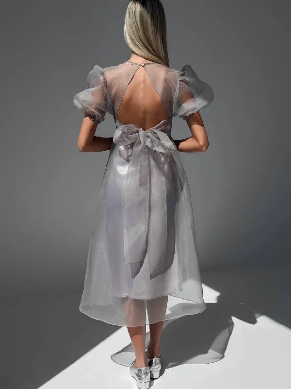 Mega Sale Elegant Grey Tulle Detail Midi Dress