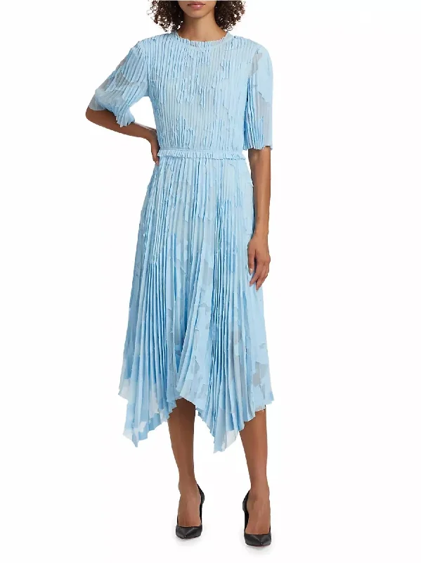Deal Explosion Pleated Floral Fil Coupe Fit And Flare Midi Dress In Skyblue