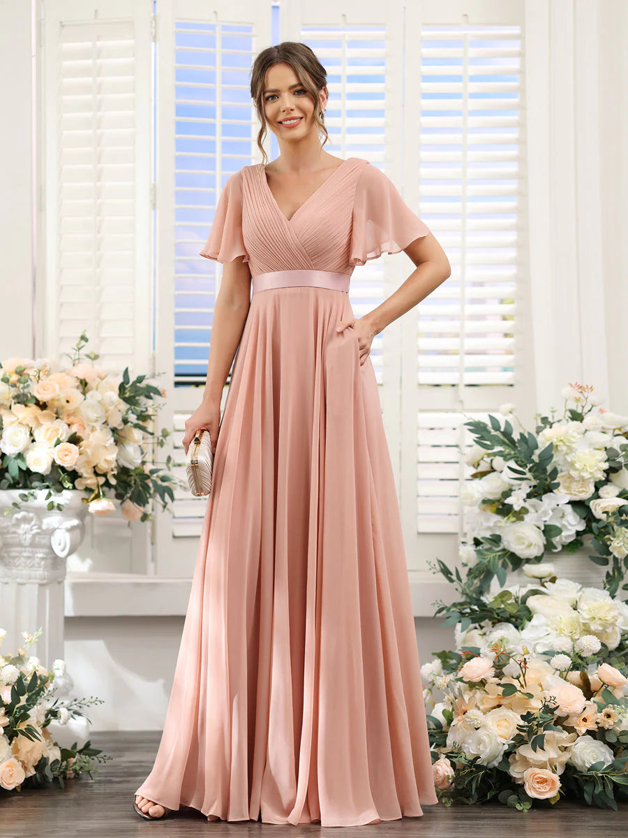 Online Only A-Line V-Neck Short Sleeves Chiffon Bridesmaid Dresses With Pockets