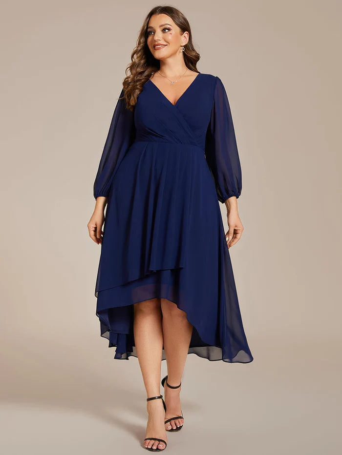 Instant Discount Plus Size Long Sleeve V-Neck Chiffon High Low Wedding Guest Dress